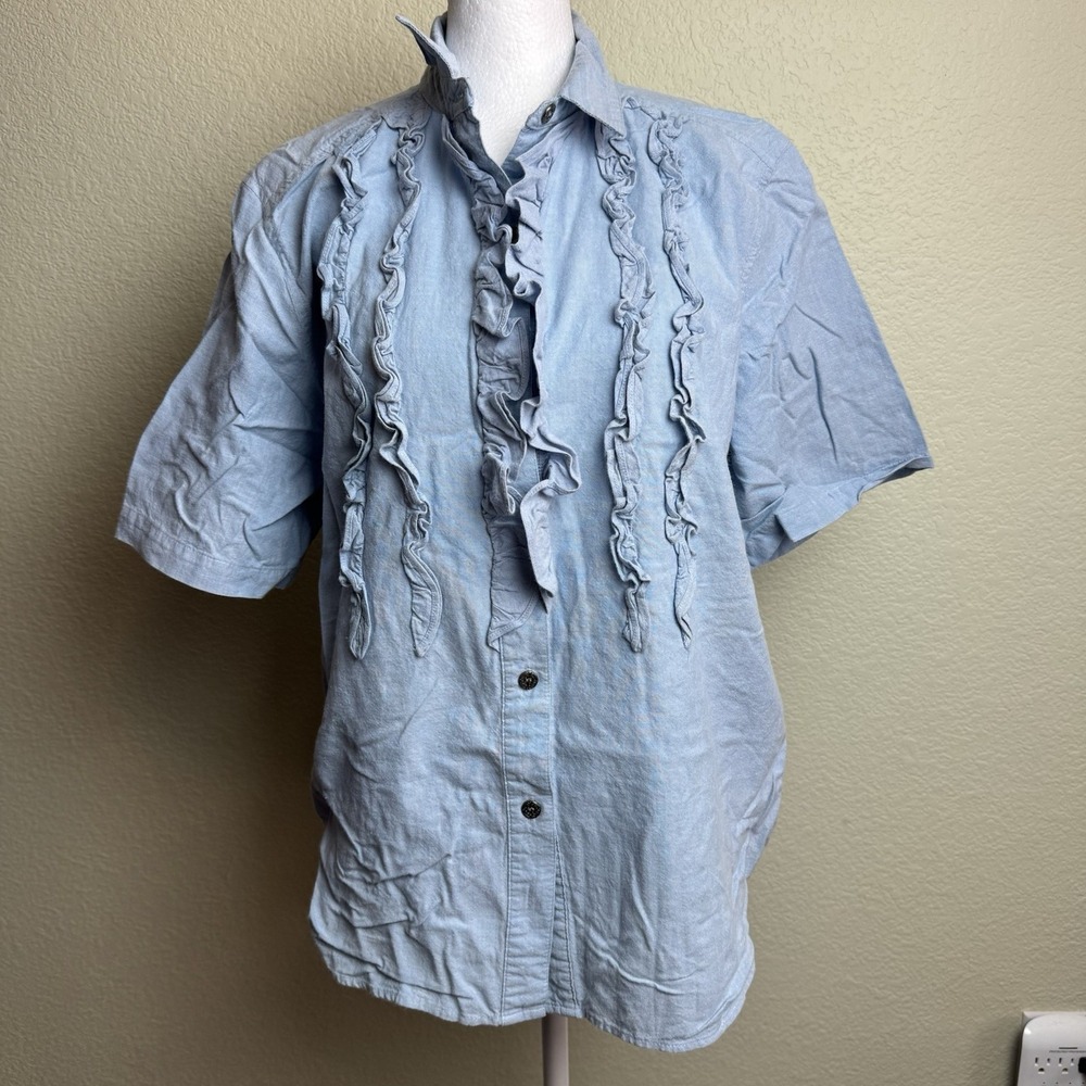 Diversity‎ Sport Blouse Petite M Womens Blue Denim Chambray Ruffle Button Shirt